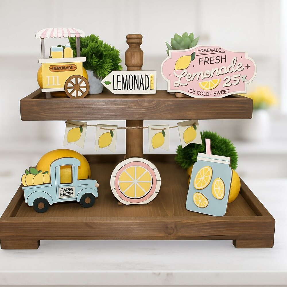 Handmade Tiered Tray Decor - Fresh Lemonade, Summer, 9 pieces, kitchen decor
